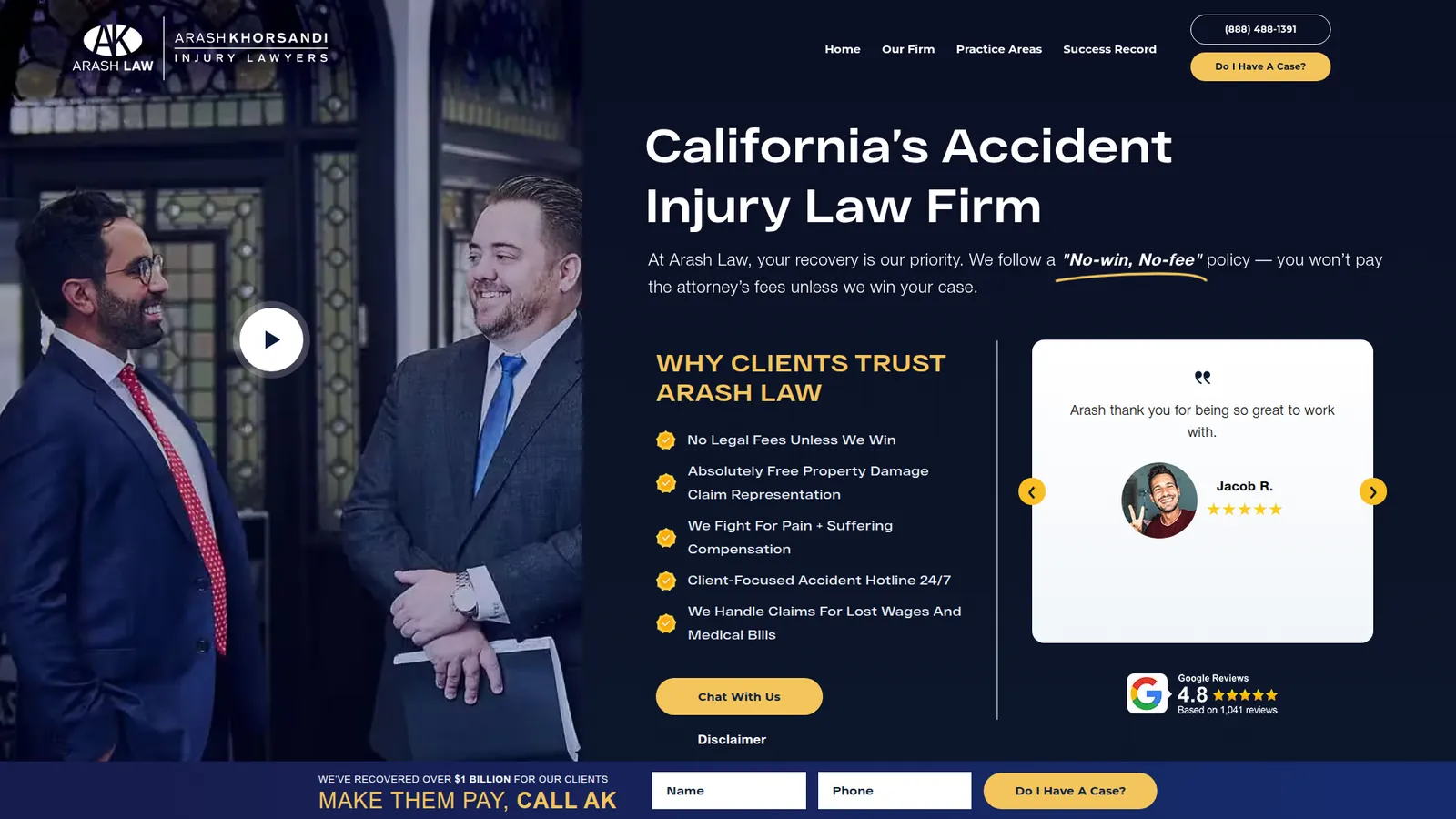Arash Law personal injury law firm website homepage design